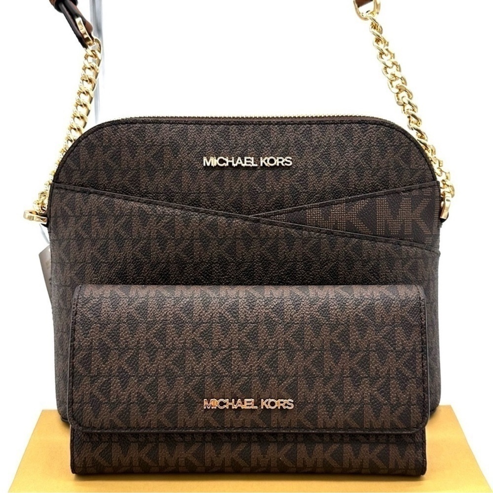 Michael Kors JST Medium Dome Crossbody & Large Trifold Wallet Brown (NWT)